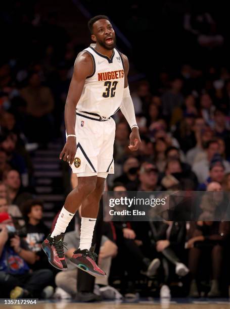 Jeff Green of the Denver Nuggets celebrates his three point shot in the second half against the New York Knicks at Madison Square Garden on December...