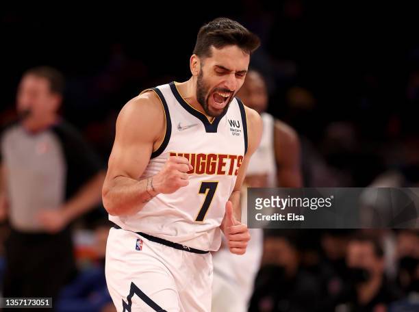 Facundo Campazzo of the Denver Nuggets celebrates a three point shot in the second half against the New York Knicks at Madison Square Garden on...