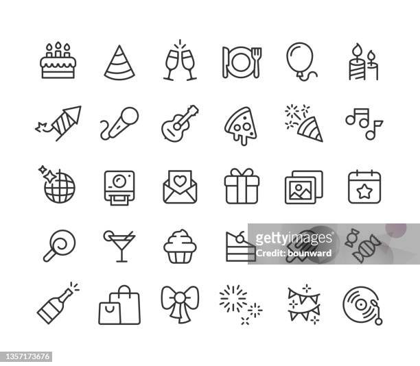 geburtstagszeilensymbole bearbeitbare kontur - birthday invitation stock-grafiken, -clipart, -cartoons und -symbole