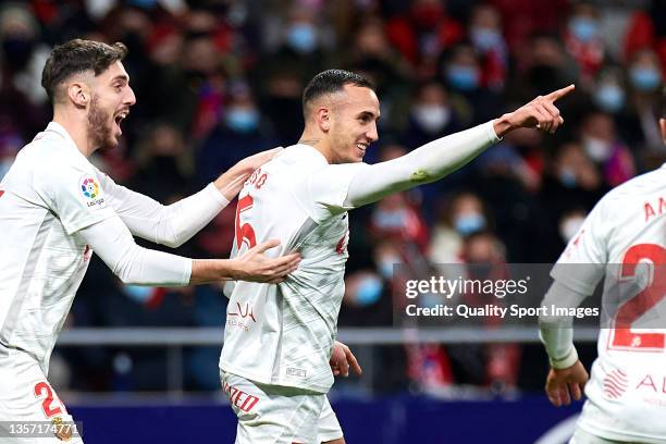 Franco Russo of RCD Mallorca celebrates after scoring his team first goal during the La Liga Santander match between Club Atletico de Madrid and RCD...