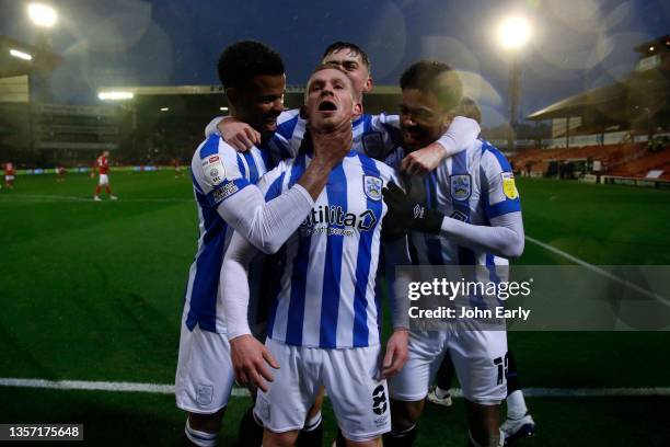 Lewis O'Brien of Huddersfield Town celebrates with Fraizer Campbell, Scott High and Josh Koroma after opening the scoring during the Sky Bet...