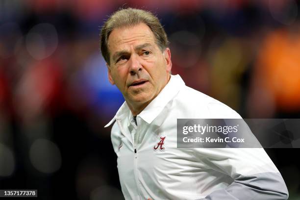 Head Coach Nick Saban of the Alabama Crimson Tide looks on before the SEC Championship game against the Georgia Bulldogs at Mercedes-Benz Stadium on...