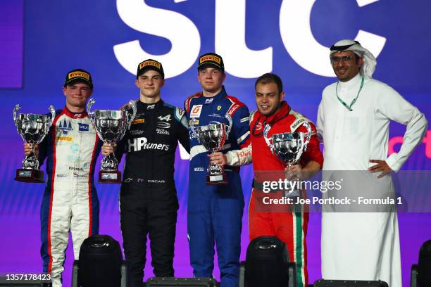 Race winner Oscar Piastri of Australia and Prema Racing, second placed Bent Viscaal of Netherlands and Trident and third placed Robert Shwartzman of...