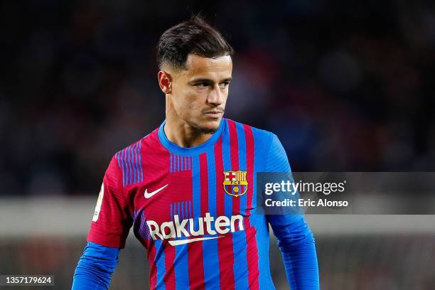 Philippe Coutinho of FC Barcelona looks on during the La Liga Santander match between FC Barcelona and Real Betis at Camp Nou on December 04, 2021 in...