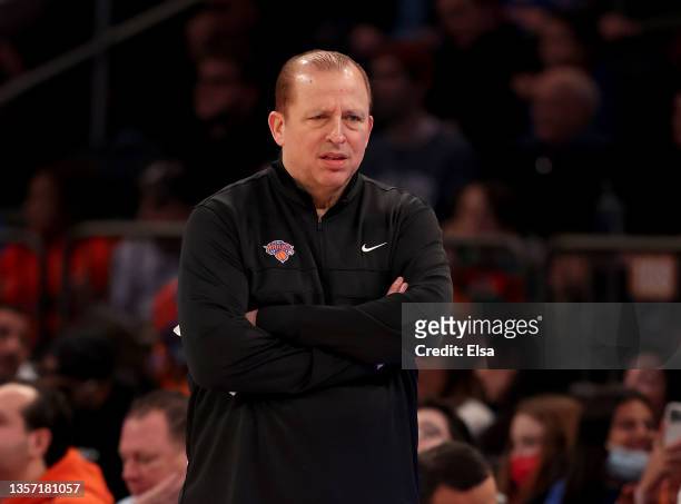 Head coach Tom Thibodeau of the New York Knicks looks on in the first half against the Denver Nuggets at Madison Square Garden on December 04, 2021...