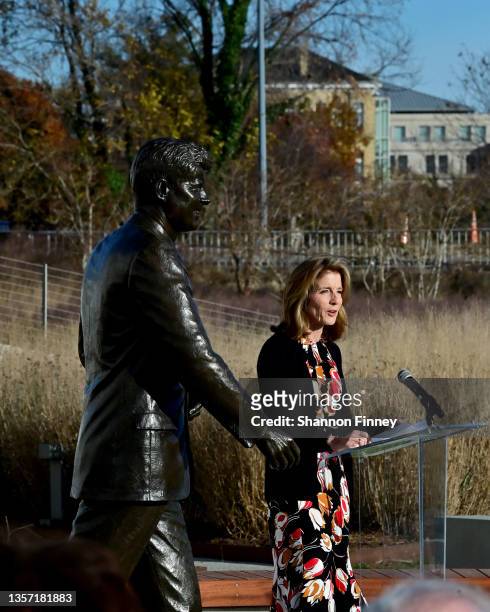 Ambassador Caroline Kennedy speaks at the unveiling of the bronze sculpture of the likeness of President John F. Kennedy at The Kennedy Center REACH...