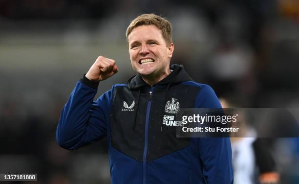 Newcastle manager Eddie Howe celebrates with the fans after the Premier League match between Newcastle United and Burnley at St. James Park on...