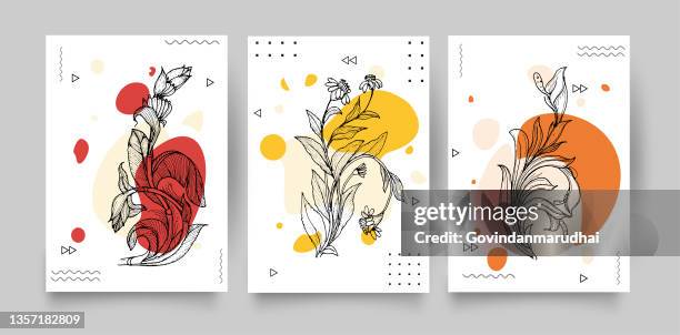 ilustraciones, imágenes clip art, dibujos animados e iconos de stock de conjunto vectorial de arte mural botánico. hojas de plantilla de dibujo a mano y fondo de arte de línea para papel, dibujo de arte de línea de follaje con forma abstracta. diseño abstracto de plant art para impresión, cubierta, papel tapiz, arte mural - pintar