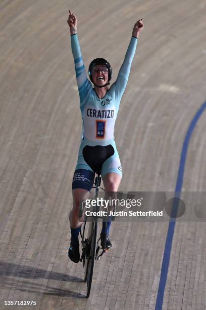 Katie Archibald of United Kingdom celebrates winning the Women's elimination race during the UCI Track Champions League Round 4 at Lee Valley...