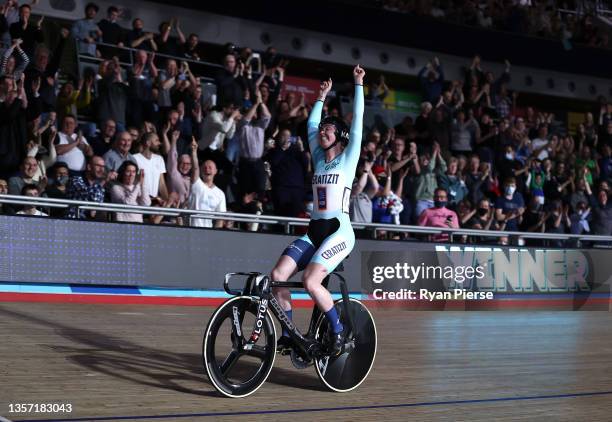 Katie Archibald of United Kingdom celebrates after winning the Women's Elimination Race during Round 4 of the UCI Track Champions League at Lee...