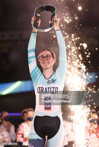 Katie Archibald of United Kingdom celebrates after winning the Women's Endurance League Championship during Round 4 of the UCI Track Champions League...