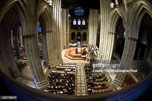 The National Cathedral photographed with a fisheye lens from the balcony documents the service as the new Episcopal Bishop Mariann Budde is seated...