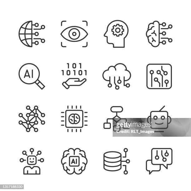 ikonen der künstlichen intelligenz und des maschinellen lernens — monoline-serie - technologie stock-grafiken, -clipart, -cartoons und -symbole
