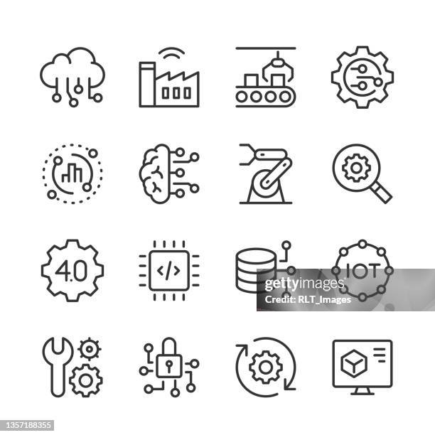 industry 4.0 icons — monoline series - robot arm stock illustrations