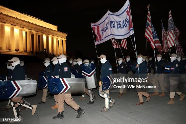 Members of the rightwing group Patriot Front gather for an unannounced rally at the National Mall on December 04, 2021 in Washington, DC. Patriot...