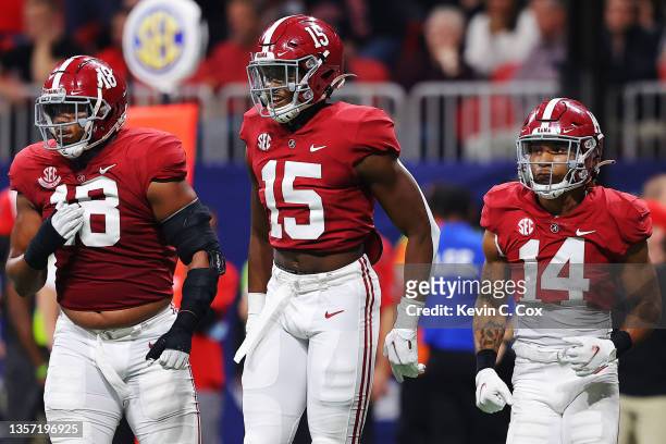 Dallas Turner of the Alabama Crimson Tide reacts after the Georgia Bulldogs fail to convert on fourth down during the third quarter of the SEC...