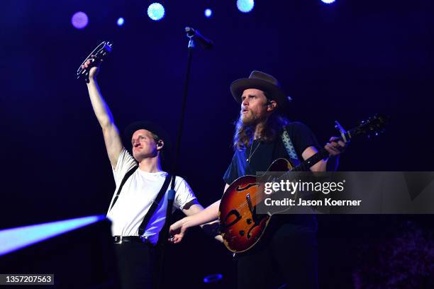 Jeremiah Fraites and Wesley Schultz of The Lumineers performs on stage during Audacy Beach Festival at Fort Lauderdale Beach Park on December 04,...