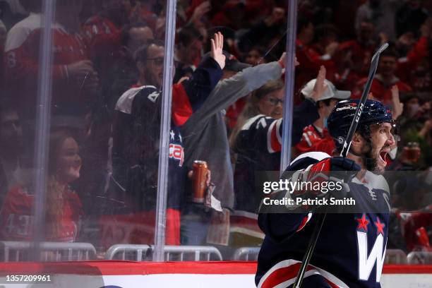 Alex Ovechkin of the Washington Capitals celebrates his goal against the Columbus Blue Jackets during the second period at Capital One Arena on...