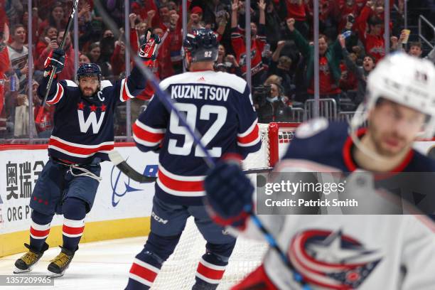 Alex Ovechkin of the Washington Capitals celebrates his goal against the Columbus Blue Jackets during the second period at Capital One Arena on...