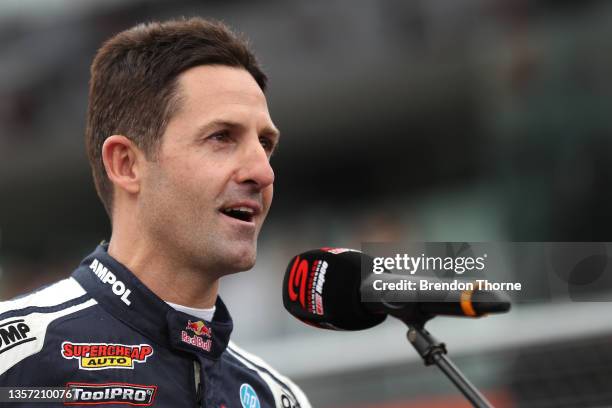 Jamie Whincup driver of the Red Bull Ampol Racing Holden Commodore ZB speaks after being inducted into the Supercars Hall of Famebefore the Bathurst...