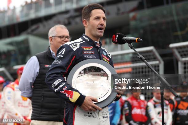 Jamie Whincup driver of the Red Bull Ampol Racing Holden Commodore ZB speaks after being inducted into the Supercars Hall of Famebefore the Bathurst...