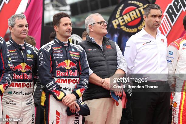 Jamie Whincup driver of the Red Bull Ampol Racing Holden Commodore ZB and Australian Prime Minister Scott Morrison are seen before the Bathurst 1000...