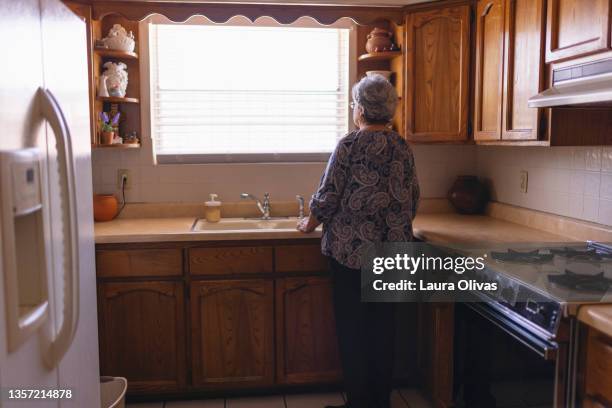 elderly woman looking out her kitchen window - elderly woman from behind stock pictures, royalty-free photos & images