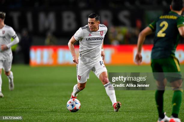 Rubio Rubin of Real Salt Lake moves the ball during the first half of the 2021 MLS Western Conference Playoff Final against the Portland Timbers at...