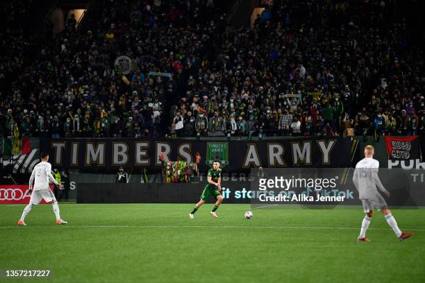 Cristhian Paredes of Portland Timbers moves the ball during the second half of the 2021 MLS Western Conference Playoff Final against the Real Salt...