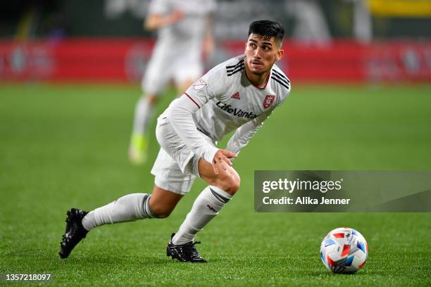 Pablo Ruiz of Real Salt Lake plays the ball during the second half of the 2021 MLS Western Conference Playoff Final against the Portland Timbers at...