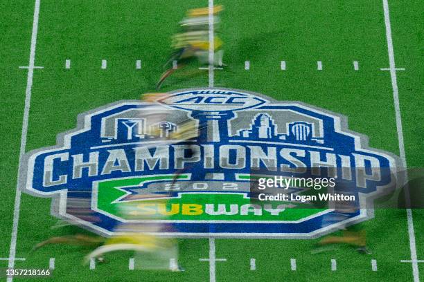 General view of first quarter game action on the midfield logo during the ACC Championship game between the Pittsburgh Panthers and the Wake Forest...