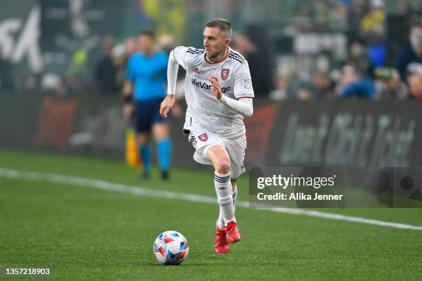 Andrew Brody of Real Salt Lake moves the ball during the first half of the 2021 MLS Western Conference Playoff Final against the Portland Timbers at...