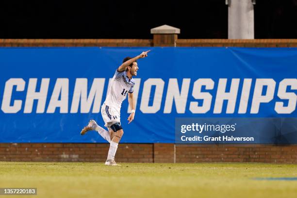 Augie Djerdjaj of the Connecticut College Camels reacts after scoring a second half goal against the Amherst Mammoths during the Division III Men’s...