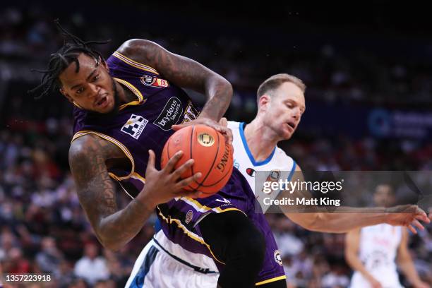 Jarell Martin of the Kings is challenged by Brad Newley of United during the round one NBL match between Sydney Kings and Melbourne United at Qudos...