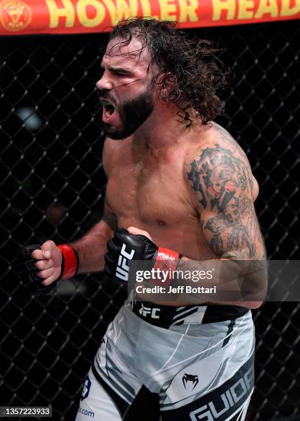 Clay Guida reacts after his submission victory over Leonardo Santos of Brazil in their lightweight fight during the UFC Fight Night event at UFC APEX...
