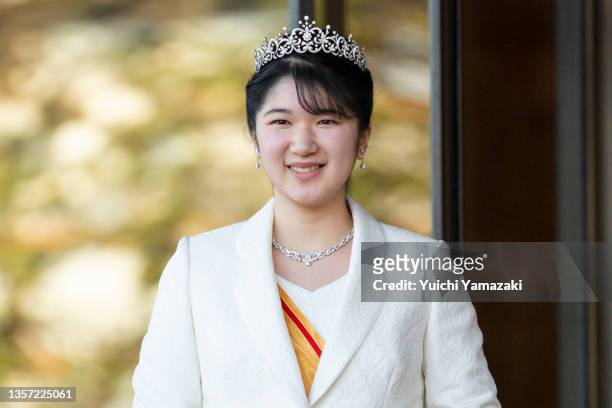 Princess Aiko greets the press on the occasion of her coming-of-age at the Imperial Palace on December 05, 2021 in Tokyo, Japan. The only daughter of...
