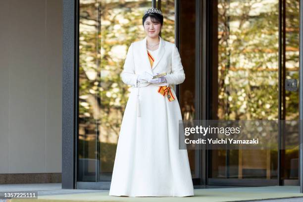 Princess Aiko greets the press on the occasion of her coming-of-age at the Imperial Palace on December 05, 2021 in Tokyo, Japan. The only daughter of...