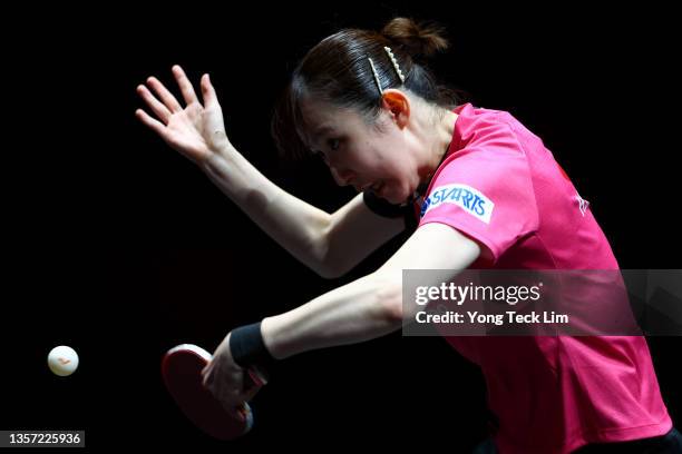 Hina Hayata of Japan plays a backhand against Cheng I-Ching of Chinese Taipei during their Women's Singles Round of 16 match on day two of the WTT...