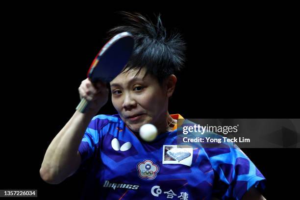 Cheng I-Ching of Chinese Taipei plays a forehand against Hina Hayata of Japan during their Women's Singles Round of 16 match on day two of the WTT...