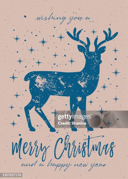クリスマス鹿ブロック印刷グリーティングカード - クラフトの背景 - 青い色 - 活版点のイラスト素材／クリップアート素材／マンガ素材／アイコン素材