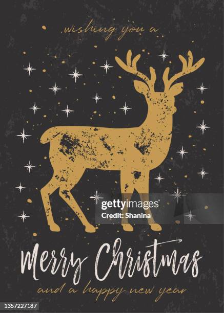 クリスマス鹿ブロック印刷グリーティングカード - 黒の背景 - 金と白の色 - 活版点のイラスト素材／クリップアート素材／マンガ素材／アイコン素材