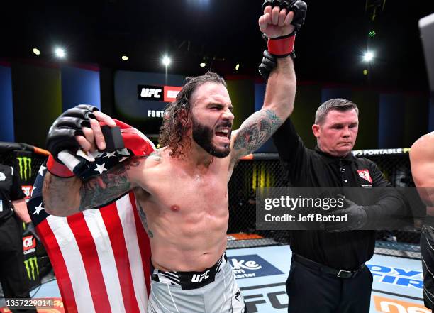 Clay Guida reacts after his victory over Leonardo Santos of Brazil in their lightweight fight during the UFC Fight Night event at UFC APEX on...