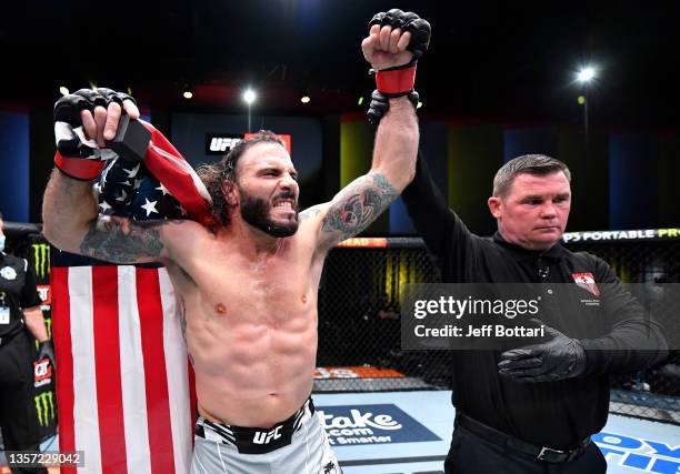 Clay Guida reacts after his victory over Leonardo Santos of Brazil in their lightweight fight during the UFC Fight Night event at UFC APEX on...