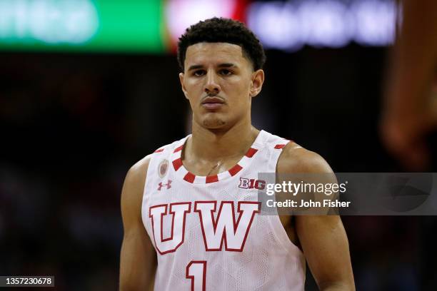 Johnny Davis of the Wisconsin Badgers steps to the free throw line during the second half against the Marquette Golden Eagles at Kohl Center on...