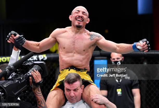 Jose Aldo of Brazil reacts after his victory over Rob Font in their bantamweight fight during the UFC Fight Night event at UFC APEX on December 04,...