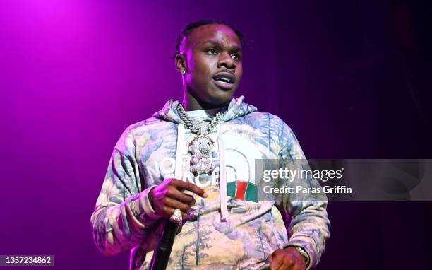 Rapper DaBaby performs onstage during "Rolling Loud Presents: DaBaby Live Show Killa" tour at Coca-Cola Roxy on December 04, 2021 in Atlanta, Georgia.