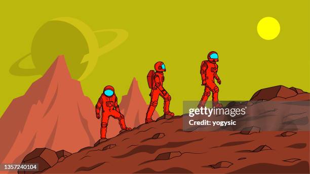vector cartoon astronauts exploring a planet stock illustration - alien stock illustrations