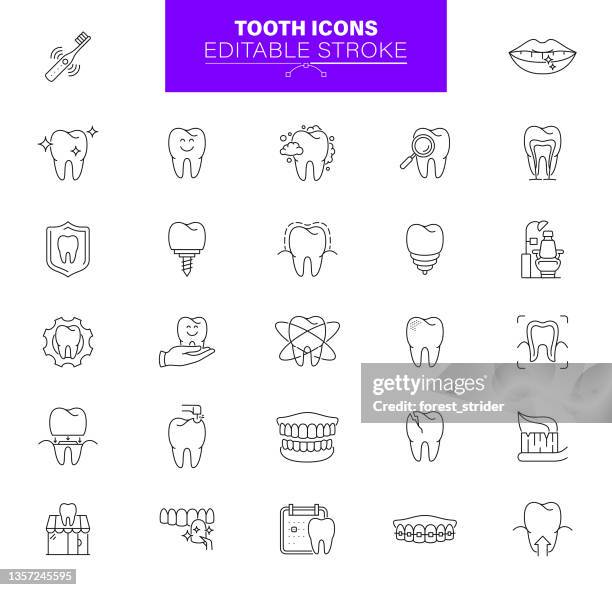 ilustraciones, imágenes clip art, dibujos animados e iconos de stock de iconos de dientes. trazo editable. el conjunto contiene iconos como dientes, cuidado, dentista, dental - dentadura postiza