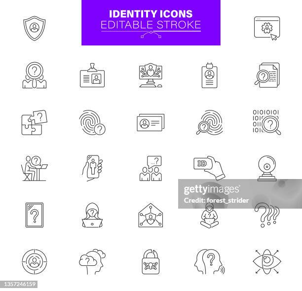 ilustraciones, imágenes clip art, dibujos animados e iconos de stock de iconos de identidad. el conjunto contiene iconos como biométrico, seguridad, tarjeta de identificación, rostro humano - identity theft