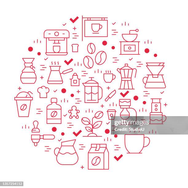 coffee shop round design template line icon concept - cold brew coffee stock illustrations